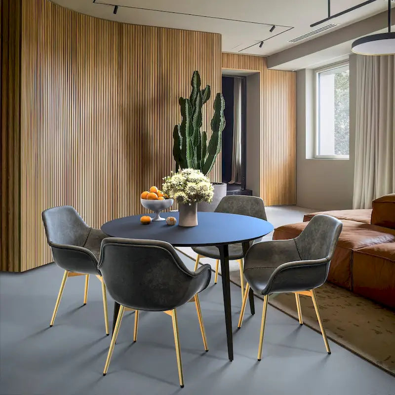 Markley Modern Leather Dining Armchair Set of 4 With Gold Metal Legs Accent Side Chair