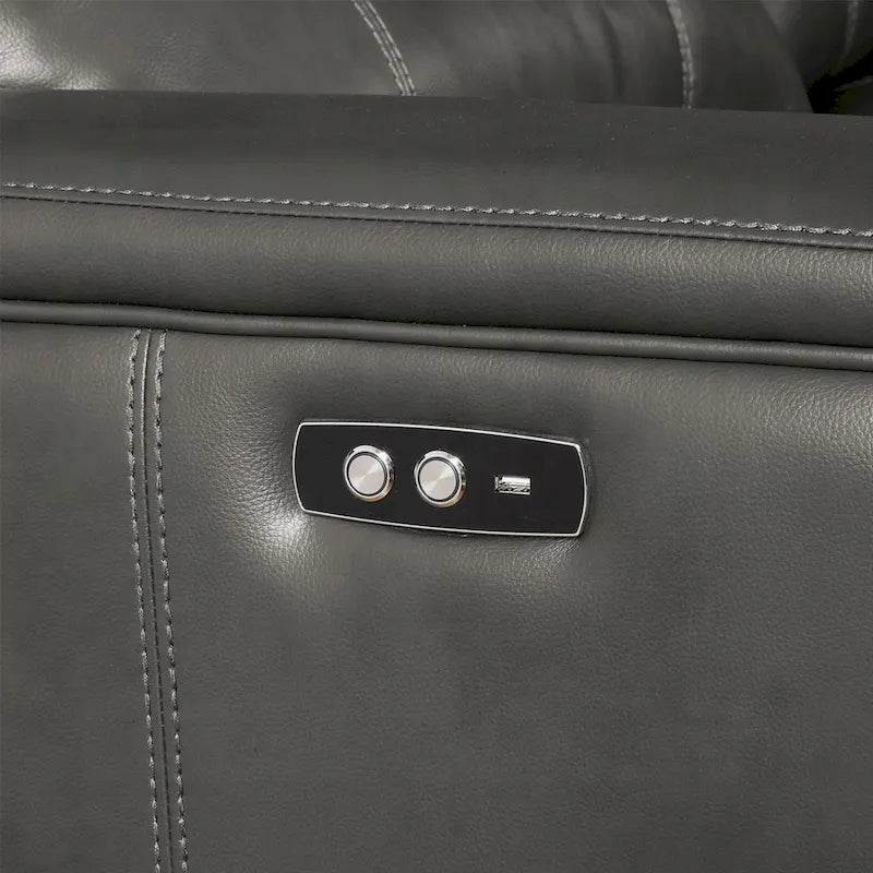 Canapé d'angle Saley à mécanisme électrique, port USB, similicuir gris, console