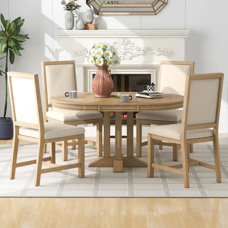 Ensemble de meubles de cuisine en bois 5 pièces, comprenant une table à manger ronde extensible avec rallonge amovible et 4 chaises rembourrées.
