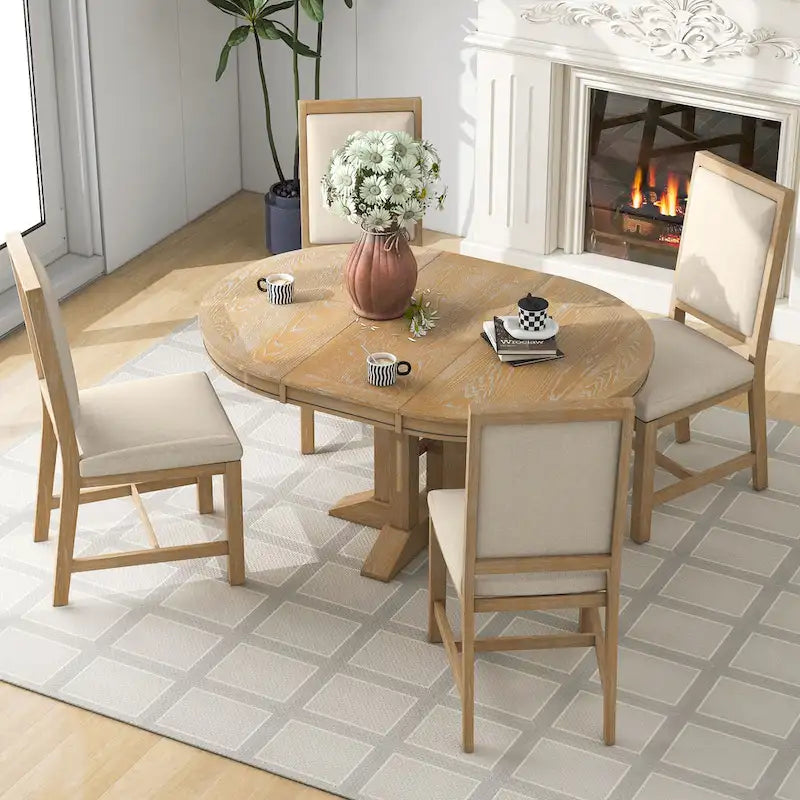 Ensemble de meubles de cuisine en bois 5 pièces, comprenant une table à manger ronde extensible avec rallonge amovible et 4 chaises rembourrées.