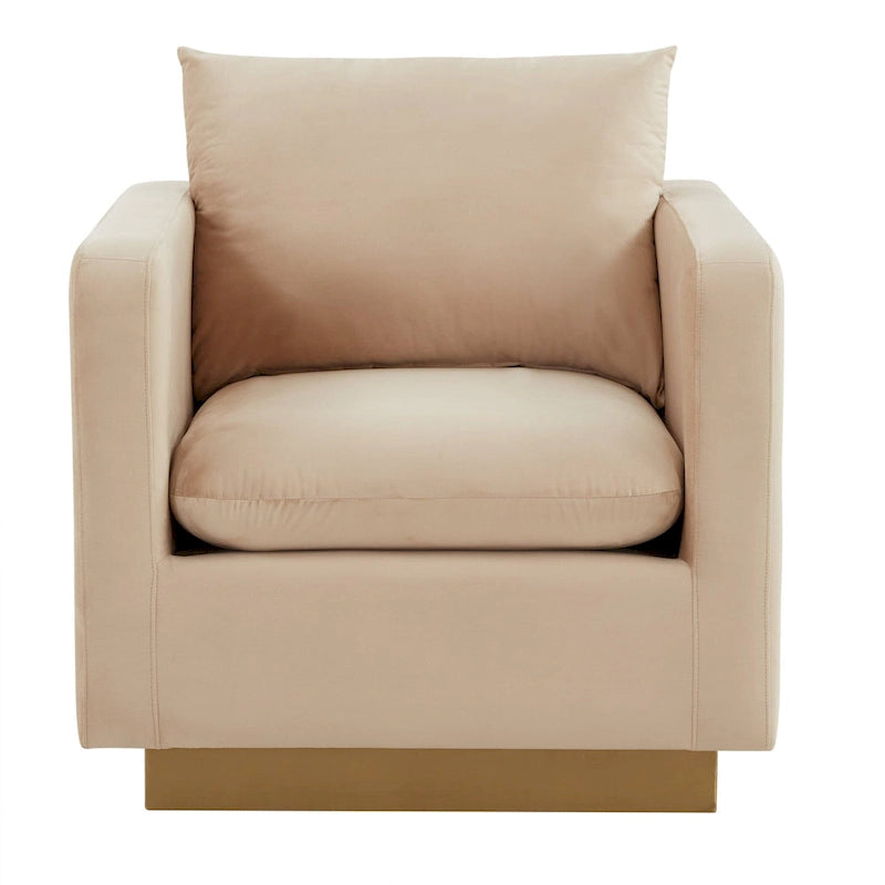 Canapé une place moderne en velours Nervo, fauteuil d'appoint avec base carrée en acier inoxydable doré pour salon et chambre - 32,67