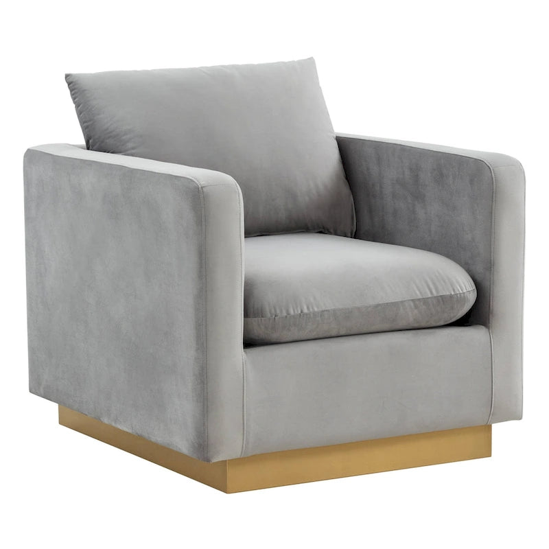 Canapé une place moderne en velours Nervo, fauteuil d'appoint avec base carrée en acier inoxydable doré pour salon et chambre - 32,67