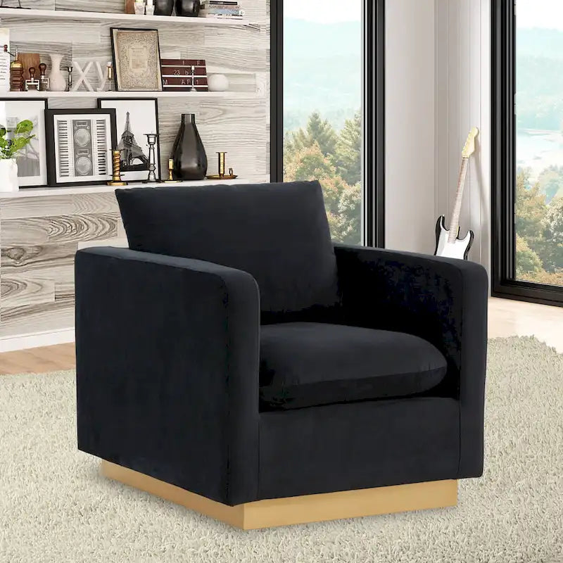 Canapé une place moderne en velours Nervo, fauteuil d'appoint avec base carrée en acier inoxydable doré pour salon et chambre - 32,67
