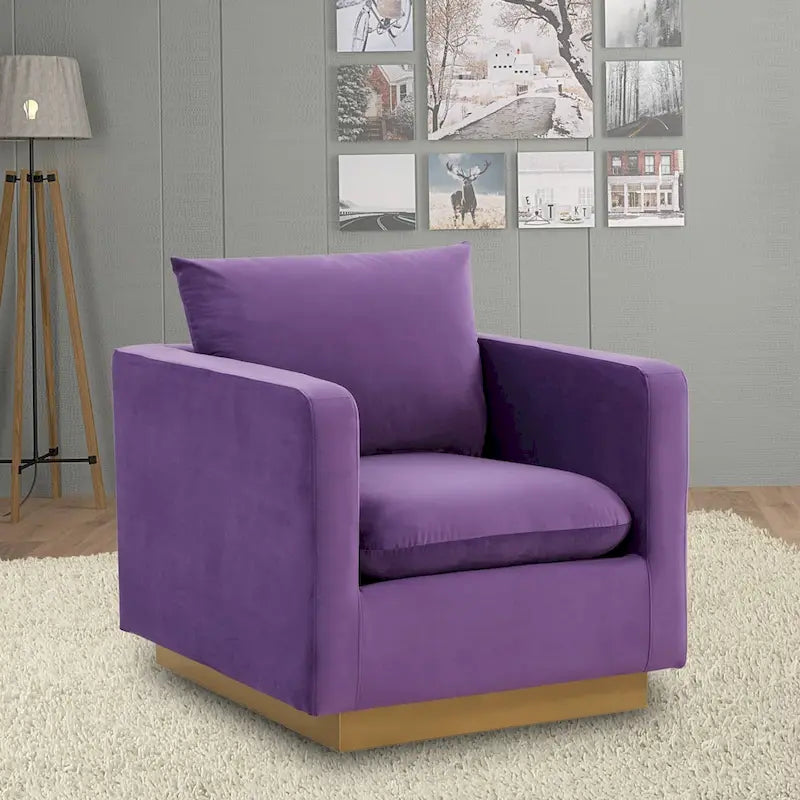 Canapé une place moderne en velours Nervo, fauteuil d'appoint avec base carrée en acier inoxydable doré pour salon et chambre - 32,67