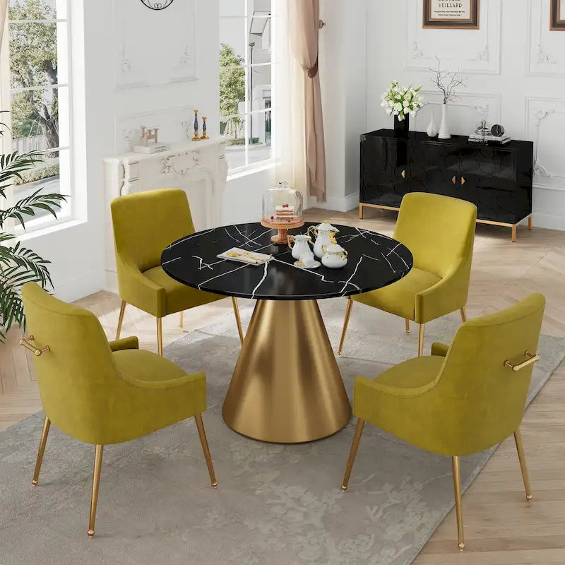 Ensemble de salle à manger Clihome 5 pièces avec table et chaises en velours et plateau en marbre noir