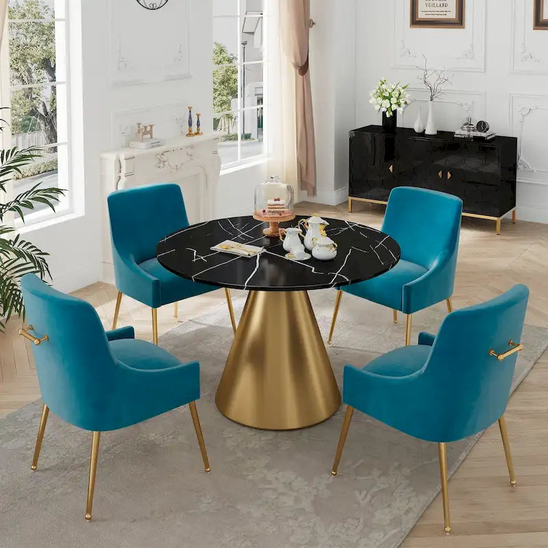 Ensemble de salle à manger Clihome 5 pièces avec table et chaises en velours et plateau en marbre noir