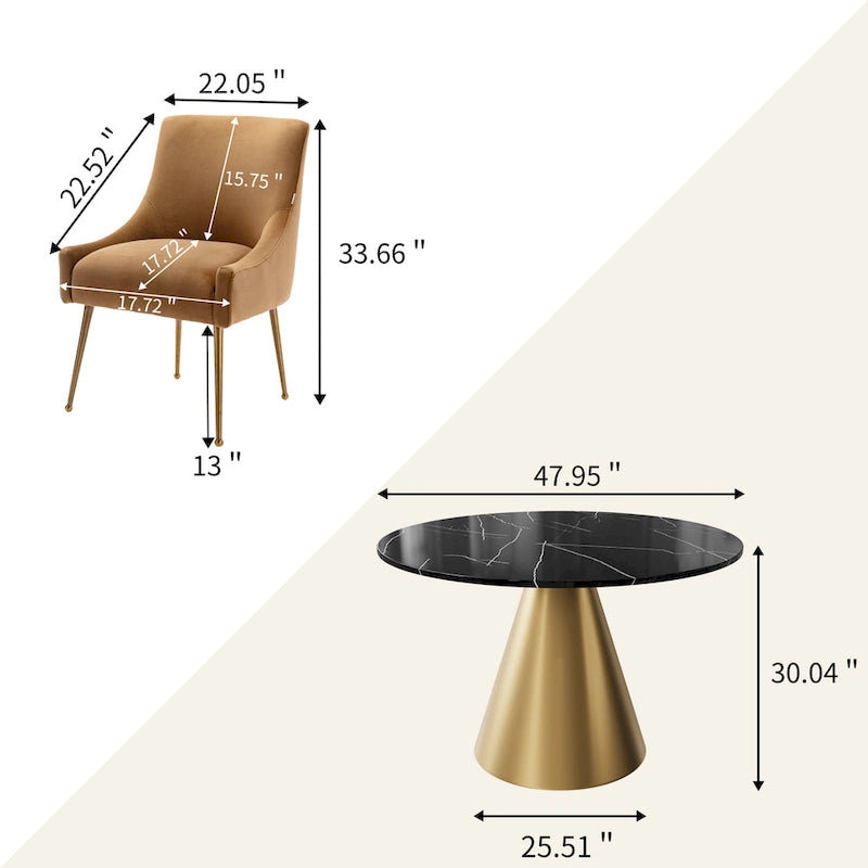 Ensemble de salle à manger Clihome 5 pièces avec table et chaises en velours et plateau en marbre noir