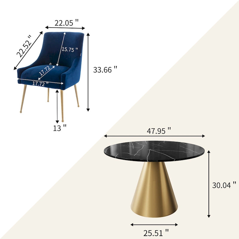 Ensemble de salle à manger Clihome 5 pièces avec table et chaises en velours et plateau en marbre noir