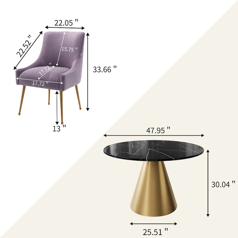 Ensemble de salle à manger Clihome 5 pièces avec table et chaises en velours et plateau en marbre noir