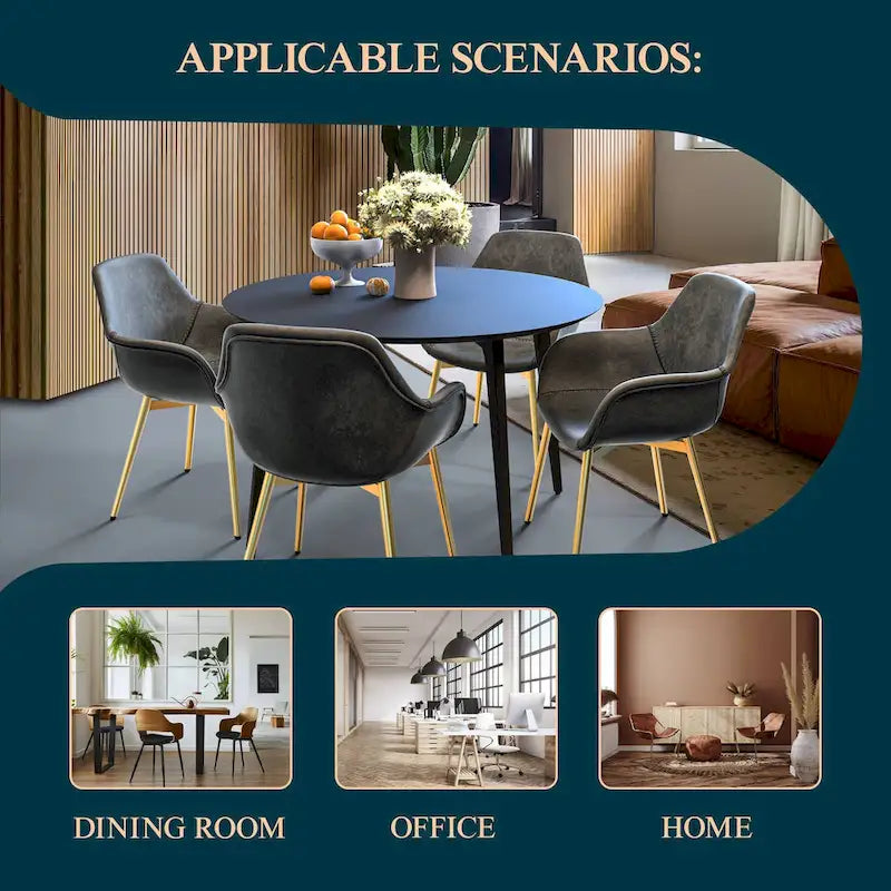 Ensemble de 4 fauteuils de salle à manger modernes Markley en cuir avec pieds en métal doré et chaise d'appoint