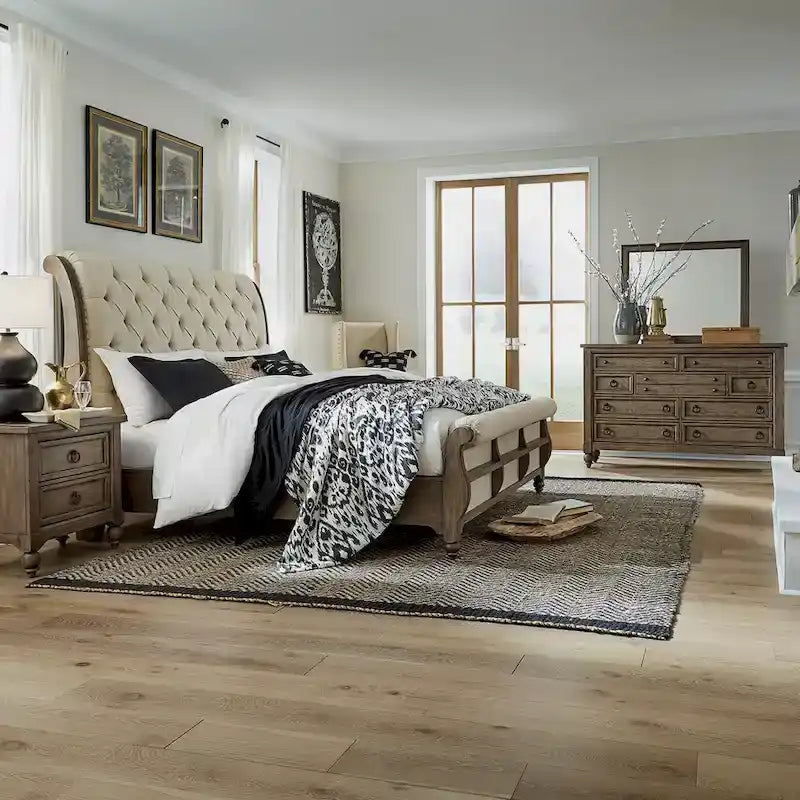 Americana Farmhouse Sleigh Bed, Dresser, Mirror, and Nightstand Bedroom Set