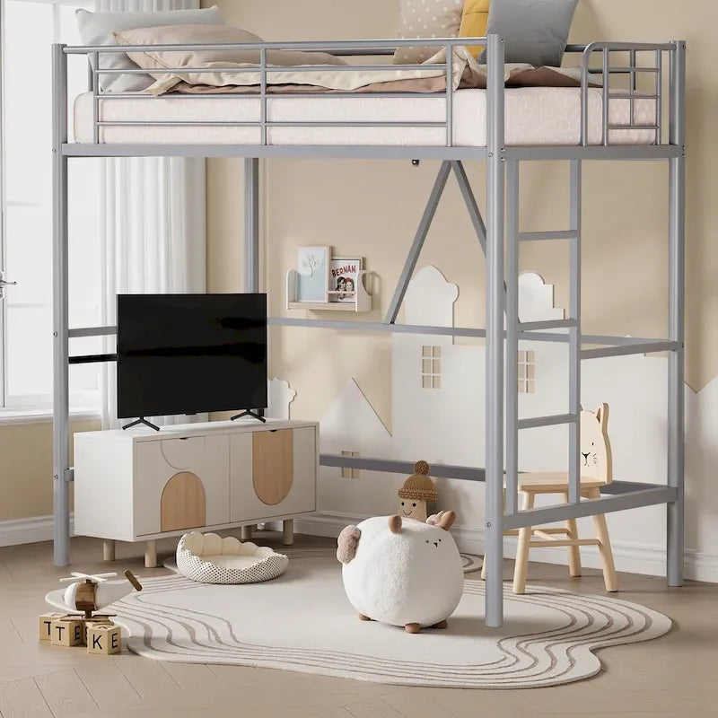 Cadre de lit mezzanine double, structure métallique robuste avec barrière de sécurité sur toute la longueur et escalier amovible pour enfants et adultes