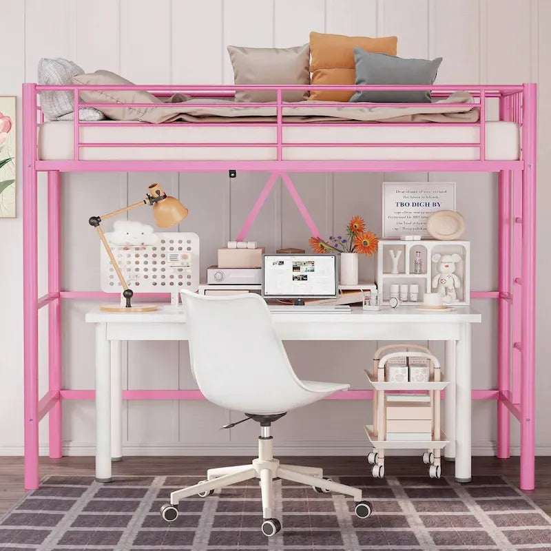 Cadre de lit mezzanine double, structure métallique robuste avec barrière de sécurité sur toute la longueur et escalier amovible pour enfants et adultes