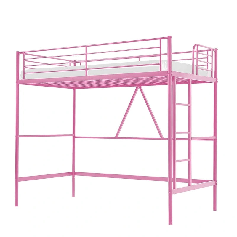 Cadre de lit mezzanine double, structure métallique robuste avec barrière de sécurité sur toute la longueur et escalier amovible pour enfants et adultes