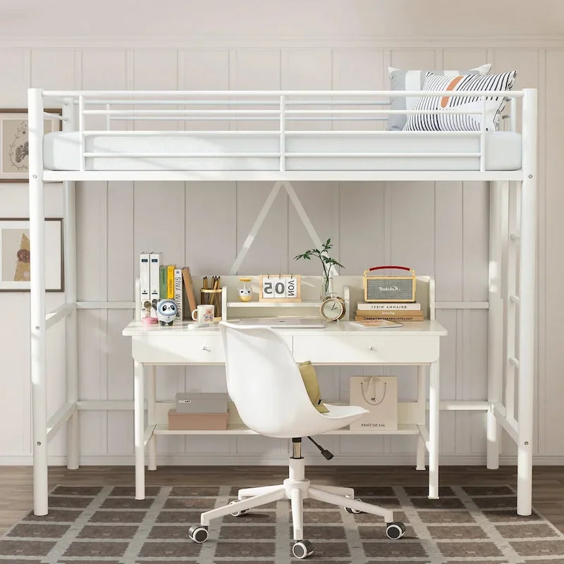 Cadre de lit mezzanine double, structure métallique robuste avec barrière de sécurité sur toute la longueur et escalier amovible pour enfants et adultes