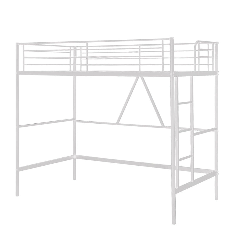 Cadre de lit mezzanine double, structure métallique robuste avec barrière de sécurité sur toute la longueur et escalier amovible pour enfants et adultes