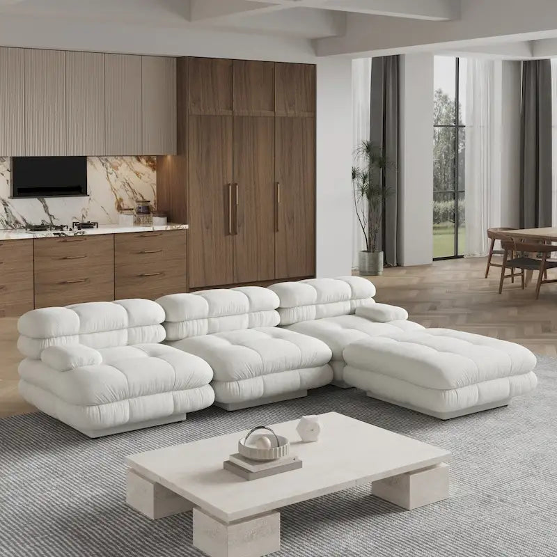 Canapé d'angle moderne en velours peluche, canapé modulable minimaliste en forme de L