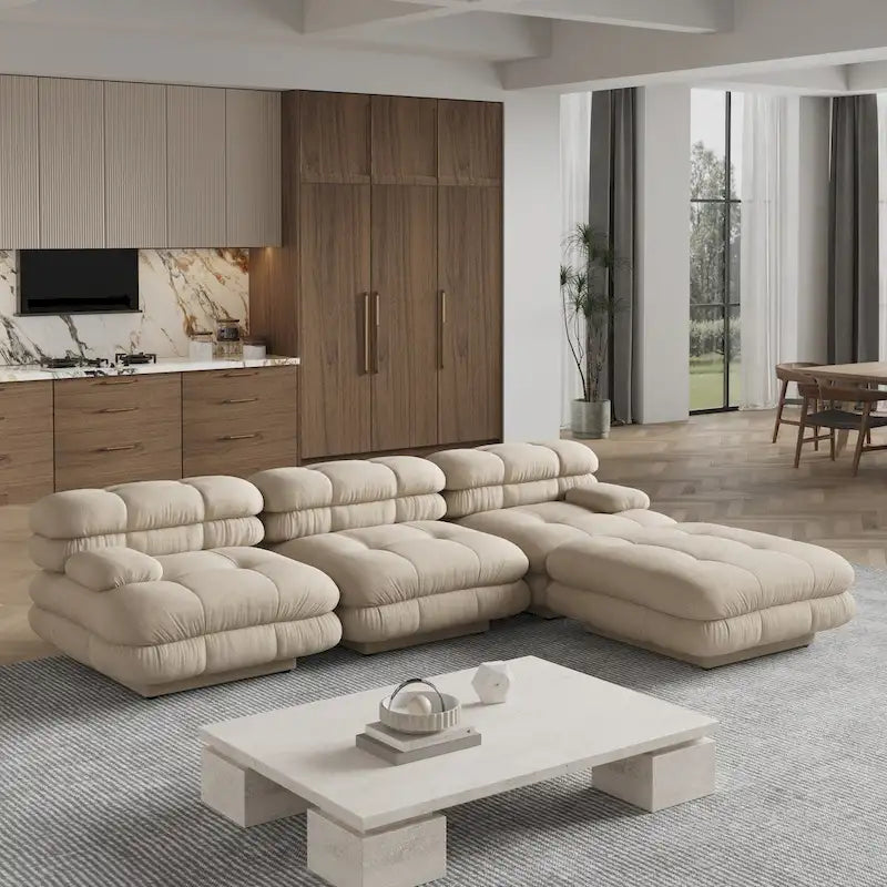 Canapé d'angle moderne en velours peluche, canapé modulable minimaliste en forme de L