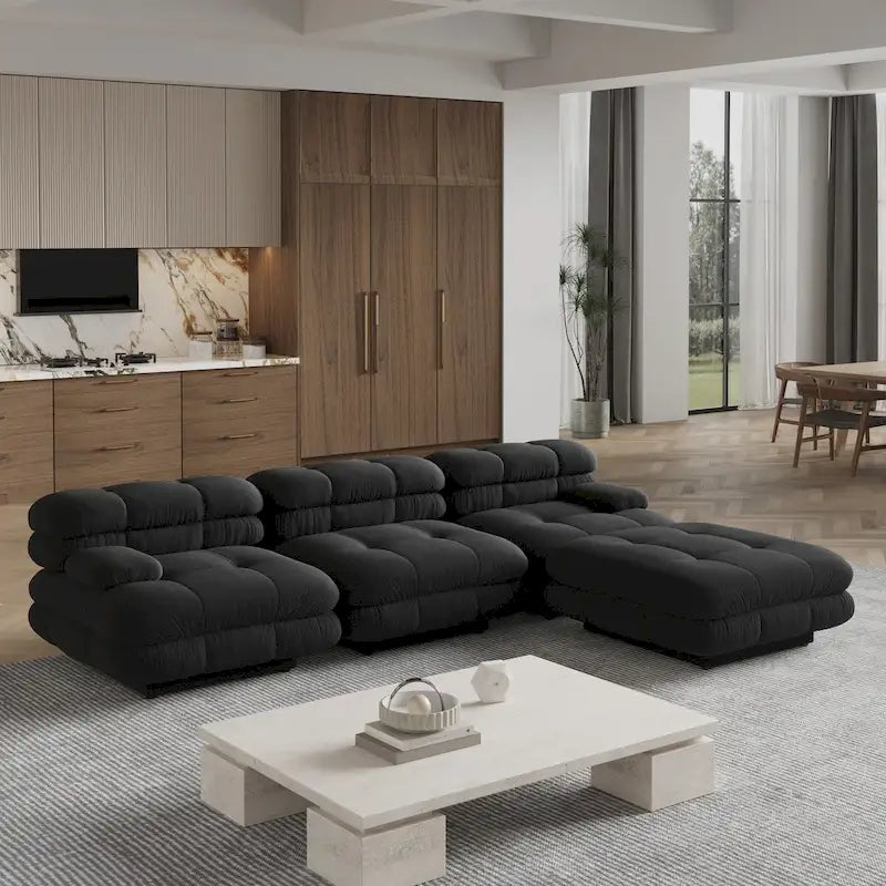 Canapé d'angle moderne en velours peluche, canapé modulable minimaliste en forme de L