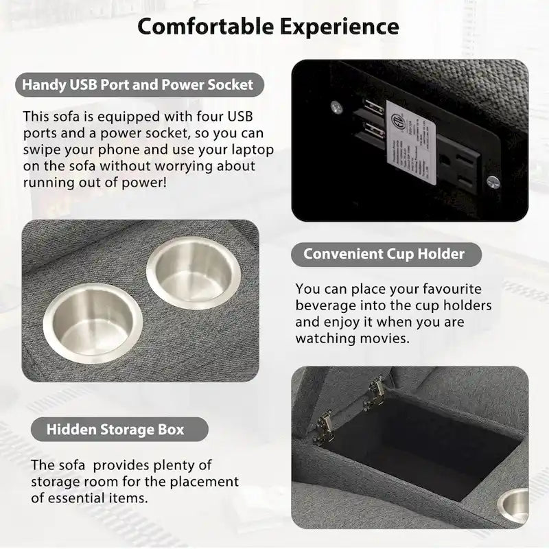 Canapé d'angle inclinable électrique 104 avec coffre de rangement, porte-gobelets, ports USB et prise électrique, idéal pour le home cinéma.