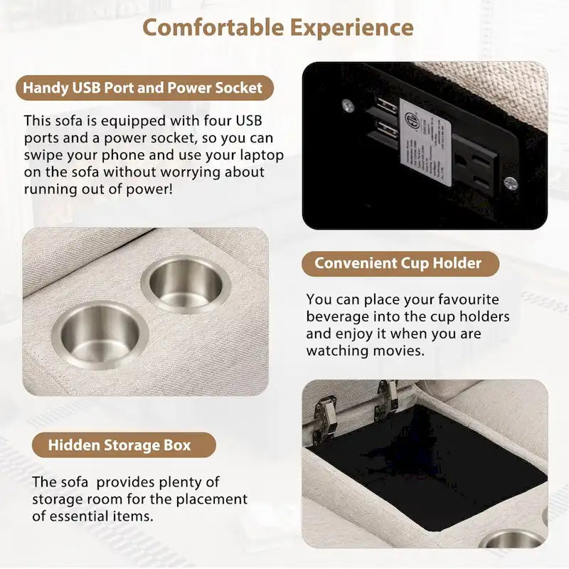 Canapé d'angle inclinable électrique 104 avec coffre de rangement, porte-gobelets, ports USB et prise électrique, idéal pour le home cinéma.
