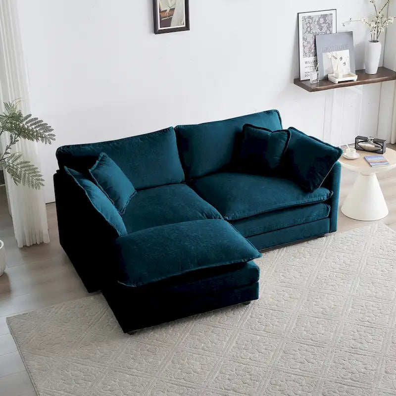 Canapé d'angle deux places en chenille bleue avec pouf, causeuse modulable pour petits espaces de vie