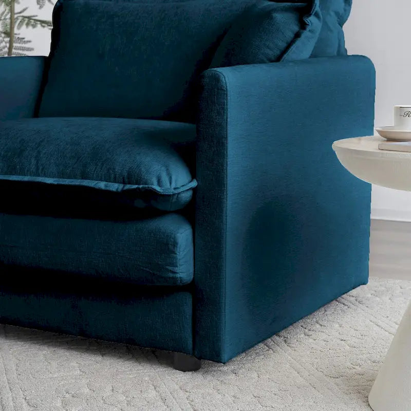 Canapé d'angle deux places en chenille bleue avec pouf, causeuse modulable pour petits espaces de vie
