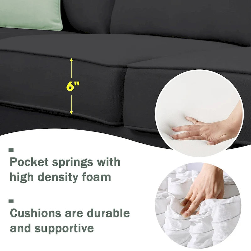 Canapé d'angle modulaire 7 places en forme de L avec pouf et 3 coussins