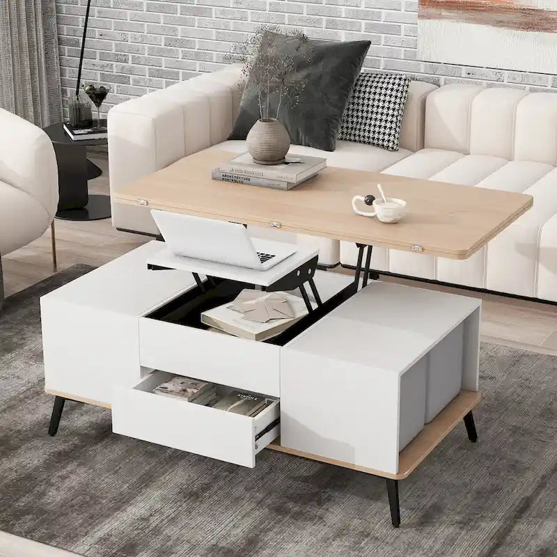 Ensemble de 5 pièces comprenant une table basse relevable avec rangement et une table à manger convertible.