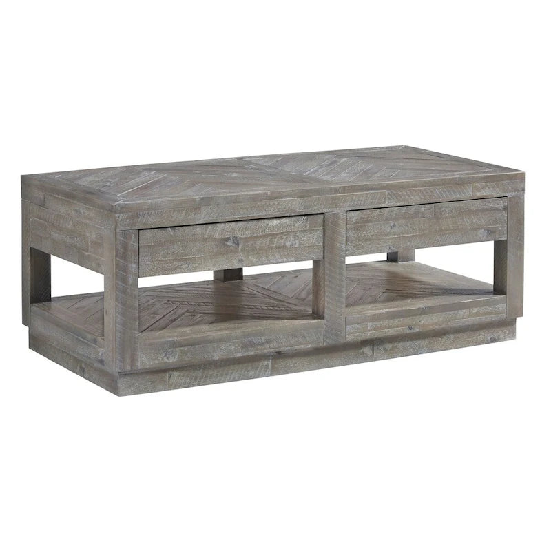 Table basse à deux tiroirs et étagère inférieure avec base plate, gris latte rustique