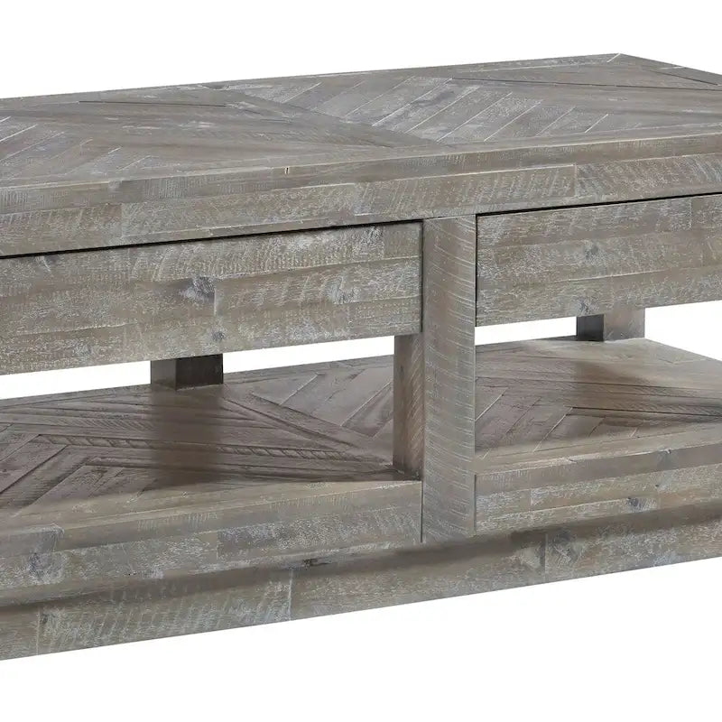 Table basse à deux tiroirs et étagère inférieure avec base plate, gris latte rustique
