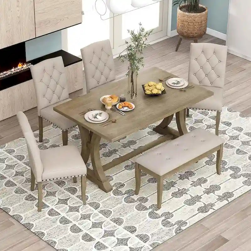 Ensemble de salle à manger de style campagnard 6 pièces pour 6 personnes - Table rectangulaire à tréteaux avec chaises et banc