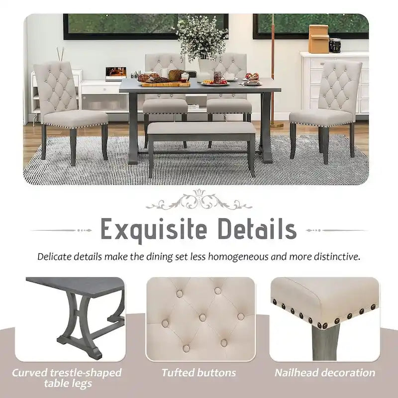 Ensemble de salle à manger de style campagnard 6 pièces pour 6 personnes - Table rectangulaire à tréteaux avec chaises et banc