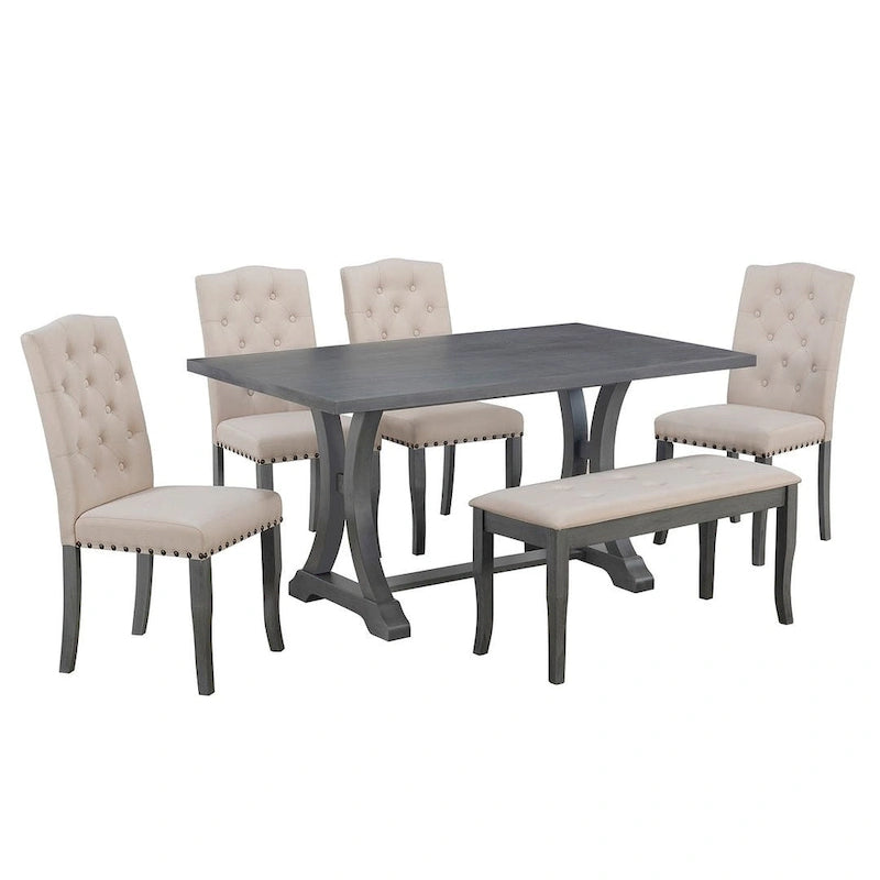 Ensemble de salle à manger de style campagnard 6 pièces pour 6 personnes - Table rectangulaire à tréteaux avec chaises et banc