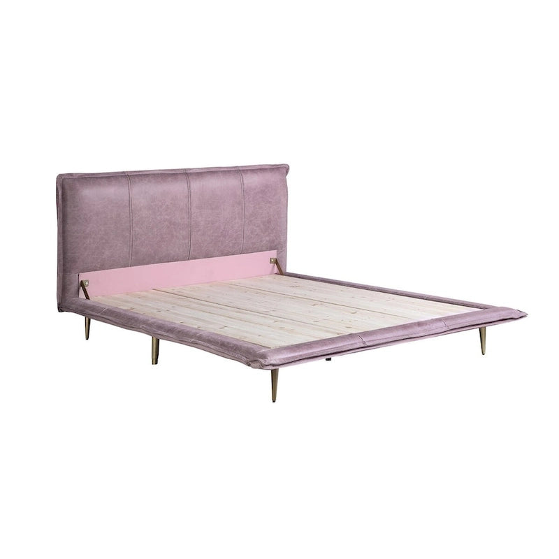 Lit King Size en cuir pleine fleur avec pieds en métal, finition rose